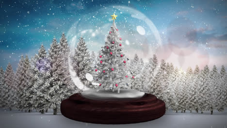 Red-shooting-star-around-christmas-tree-in-a-snow-globe-against-snow-falling-over-winter-landscape