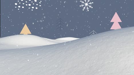 Schneeflocken-Fallen-über-Die-Winterlandschaft-Vor-Weihnachtsbaumsymbolen-Auf-Grauem-Hintergrund