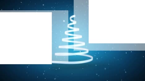 Snow-falling-over-ribbon-forming-a-christmas-tree-against-abstract-square-shapes-on-blue-background