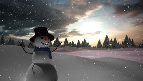 Animation-Von-Schneemann-Und-Schnee,-Der-über-Eine-Verschneite-Landschaft-Fällt