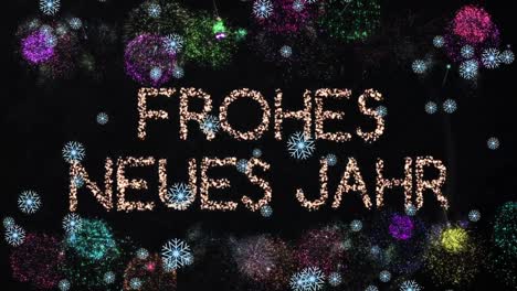 Animation-of-frohes-neues-jahr-text-with-fireworks-exploding-and-snow-falling