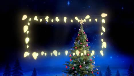 Decorative-fairy-lights-against-christmas-tree-and-shining-stars-at-night-sky