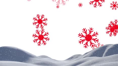 Animation-of-red-snowflakes-falling-over-winter-landscape
