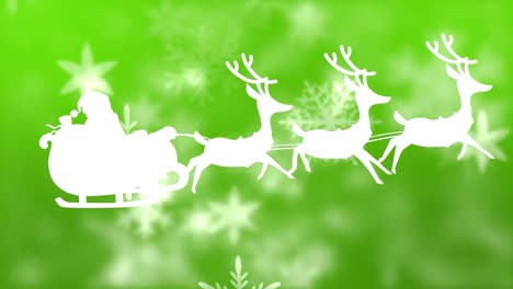 Santa-claus-in-sleigh-being-pulled-by-reindeers-against-snowflakes-floating-on-green-background