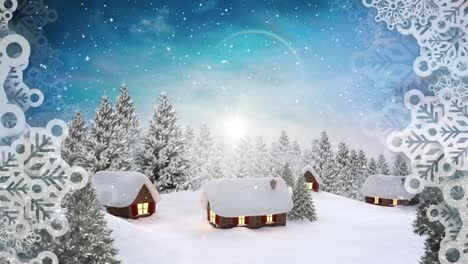 Schneeflockenmuster-Vor-Mehreren-Häusern-Und-Bäumen-In-Der-Winterlandschaft-Vor-Blauem-Himmel