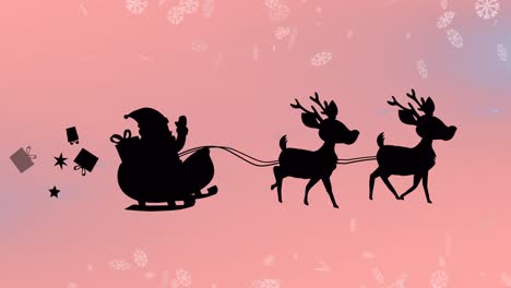 Animation-of-santa-in-sleigh-with-reindeer-over-snow-falling