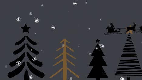 Santa-claus-in-sleigh-being-pulled-by-reindeers-against-christmas-tree-icons-on-grey-background