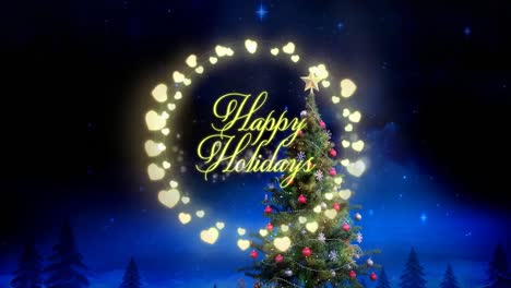 Animation-of-happy-holidays-text-in-fairy-lights-frame-over-fir-trees-and-winter-scenery