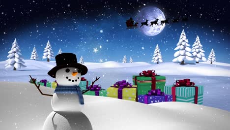 Animation-of-snowman,-presents-and-santa-claus-in-sleigh-with-reindeer-over-winter-landscape