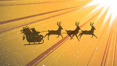 Animation-of-santa-claus-sleigh-over-shiny-orange-background-and-falling-snow