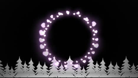 Animation-of-fairy-light-frame-with-copy-space-over-fir-trees