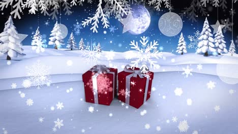 Animation-of-snow-falling-over-christmas-decorations-and-winter-scenery