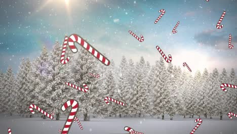 Animation-of-snow-and-candy-cane-falling-over-winter-scenery