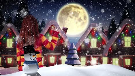 Animation-Eines-Schneemanns,-Eines-Winkenden-Mädchens-Und-Des-Weihnachtsmanns-Im-Schlitten-Mit-Rentieren-über-Der-Winterlandschaft
