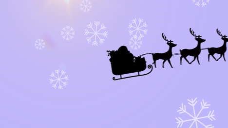 Santa-claus-in-sleigh-being-pulled-by-reindeers-against-snowflakes-falling-against-purple-background
