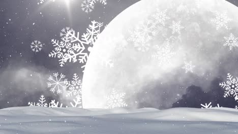 Animation-of-snow-falling-over-moon-and-winter-landscape