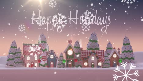 Happy-holidays-text-and-snowflakes-falling-against-multiple-houses-and-trees-on-winter-landscape