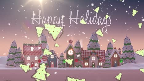 Texto-De-Felices-Fiestas-Y-Múltiples-íconos-De-árboles-De-Navidad-Cayendo-Contra-El-Paisaje-Invernal