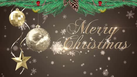 Christmas-wreath-decoration-over-merry-christmas-text-and-christmas-bauble-and-star-decorations