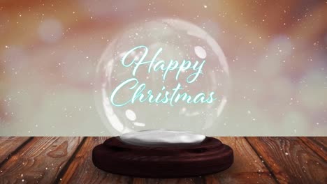 Pink-shooting-star-around-happy-christmas-text-over-a-snow-globe-on-wooden-plank