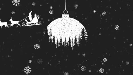Animation-Der-Weihnachtskugel-Und-Des-Weihnachtsmanns-Im-Schlitten-Mit-Rentieren-Auf-Schwarzem-Hintergrund