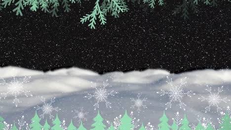 Animation-Von-Schneeflocken,-Bäumen-Und-Schnee,-Der-über-Die-Winterlandschaft-Fällt
