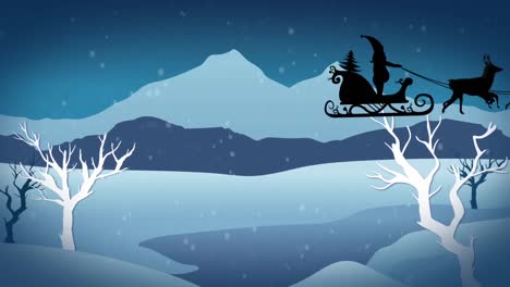 Santa-claus-in-sleigh-being-pulled-by-reindeers-against-snow-falling-over-winter-landscape