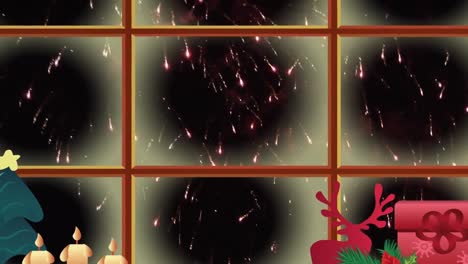 Weihnachtsdekorationen-Und-Fensterrahmen-über-Feuerwerk,-Das-Vor-Schwarzem-Hintergrund-Platzt