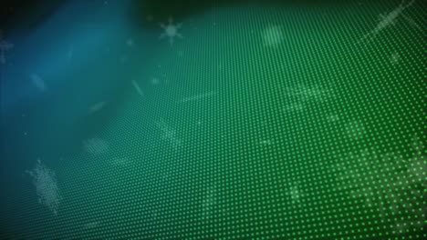 Animation-of-snowflakes-over-green-dots-on-black-background
