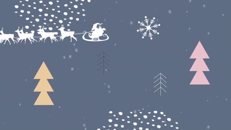 Animation-of-fir-trees-and-santa-in-sleigh-with-reindeer-on-blue-background