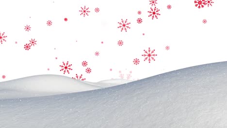 Animation-of-red-snowflakes-falling-over-winter-landscape