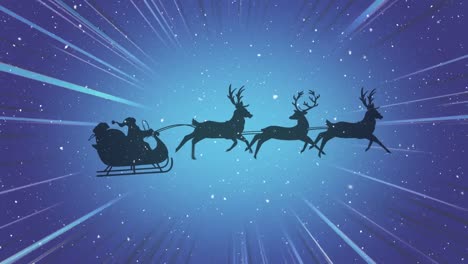 Animation-of-santa-claus-sleigh-over-shiny-blue-background-and-falling-snow