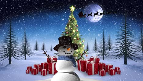 Animation-of-snowman,-christmas-tree-and-santa-claus-in-sleigh-with-reindeer-over-winter-landscape