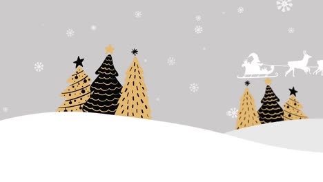 Animación-De-árboles-De-Navidad-Y-Santa-En-Trineo-Con-Renos-Sobre-Fondo-Blanco