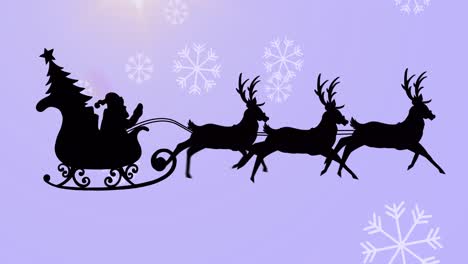 Santa-claus-in-sleigh-being-pulled-by-reindeers-over-snowflakes-falling-against-purple-background