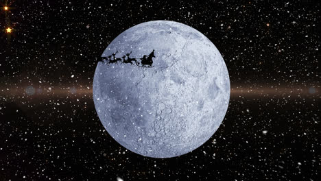 Snow-falling-over-santa-claus-in-sleigh-being-pulled-by-reindeers-against-moon-and-shining-stars