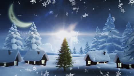 Animation-of-snow-falling-over-merry-christmas-text,-christmas-tree-and-winter-landscape