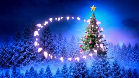 Animation-of-fairy-light-frame-with-copy-space-over-fir-trees-and-winter-scenery
