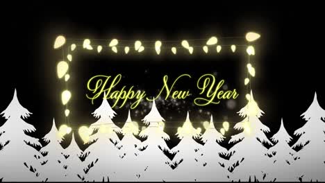 Animation-Eines-Frohen-Neujahrstextes-Im-Lichterkettenrahmen-über-Tannenbäumen-Und-Winterlandschaft