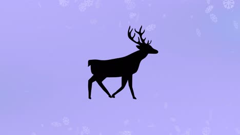 Black-silhouette-of-reindeer-walking-over-snowflakes-floating-against-purple-background