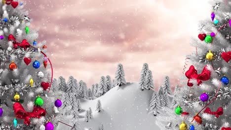 Animation-Von-Schnee,-Der-über-Weihnachtsbäume-Und-Winterlandschaft-Fällt