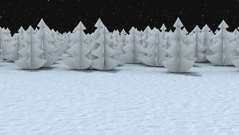 Schnee-Fällt-über-Mehrere-Bäume-In-Der-Winterlandschaft-Vor-Schwarzem-Hintergrund