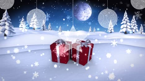 Schneeflocken-Fallen-über-Weihnachtsgeschenke-In-Der-Winterlandschaft-Vor-Dem-Mond-Am-Nachthimmel