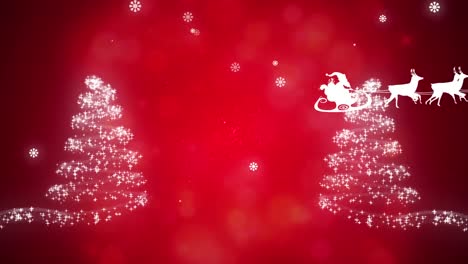 Animation-of-christmas-tree-and-santa-in-sleigh-with-reindeer-on-red-background