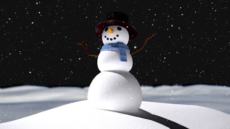 Animation-of-snow-falling-over-snowman-and-winter-landscape