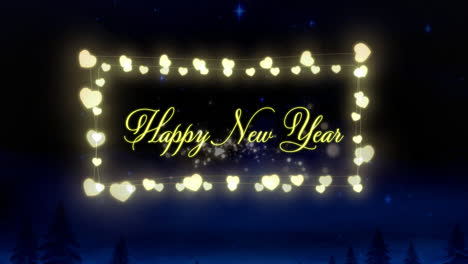 Animation-of-happy-new-year-text-in-fairy-lights-frame-over-fir-trees-and-winter-scenery