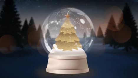 Zwei-Sternschnuppen-Drehen-Sich-Um-Den-Weihnachtsbaum-In-Einer-Schneekugel-In-Der-Winterlandschaft