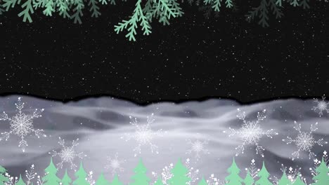 Animation-of-snowflakes-trees-and-snow-falling-over-winter-landscape