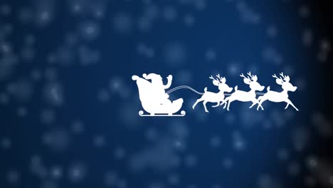 Santa-claus-in-sleigh-being-pulled-by-reindeers-against-white-spots-falling-on-blue-background