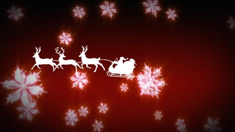 Santa-claus-in-sleigh-being-pulled-by-reindeers-against-snowflakes-floating-on-red-background